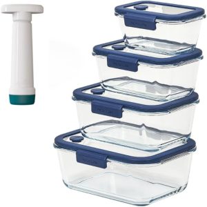 Conjunto de Potes de Vidro Retangular - Bomba Manual de Sucção a vácuo - 5 Peças - Neoflam - GLACÉ Z 1 Conjunto de Potes de Vidro Retangular - Bomba Manual de Sucção a vácuo - 5 Peças - Neoflam - GLACÉ Z