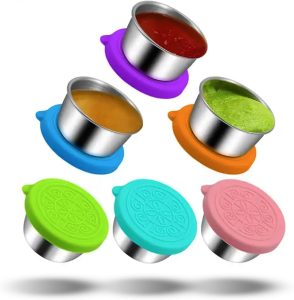 Pacote com 6 recipientes para molho de salada: pequenos recipientes de condimentos com tampas, copos de molho de aço inoxidável reutilizáveis, tampas de silicone à prova de vazamento para Bento Box,