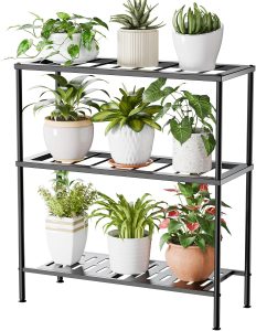Suporte de planta de metal de 3 camadas para ambientes internos e externos - Prateleira resistente à prova d'água para sala de estar, varanda, jardim - preto 1 Suporte de planta de metal de 3 camadas para ambientes internos e externos - Prateleira resistente à prova d'água para sala de estar, varanda, jardim - preto