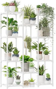 Bamworld Suporte de plantas branco para escadas internas/externas, 3 camadas para 7 vasos, decoração boho de sala de estar