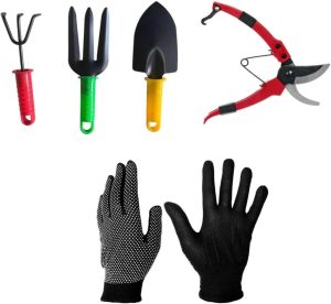 KIT JARDINAGEM CABO PLÁSTICO + TESOURA 18CM + LUVA PIGMENTADA
