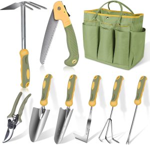 WisaKey Conjunto de Ferramentas de Jardim, Ferramentas de Jardinagem Verdes Resistentes de Aço Inoxidável de 9 Peças com Alça Ergonômica Antiderrapante, Bolsa de Ferramentas de Jardim Durável, Ferrame