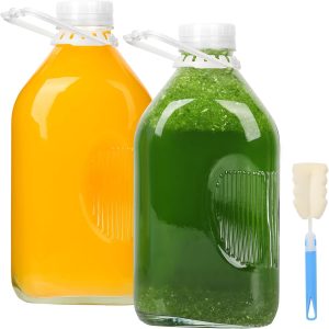 Alotpower Garrafas de leite de vidro de 1,8 l com tampas, pacote com 2 - Recipiente hermético de leite para geladeira, jarras de leite de vidro duráveis e reutilizáveis para frescor, perfeito para