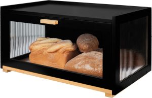 MinBoo Caixa de pão para balcão de cozinha, recipiente grande de armazenamento de pão de bambu com porta transparente Arcylic, caixa de pão de fazenda de madeira de bambu para sua casa (preto)