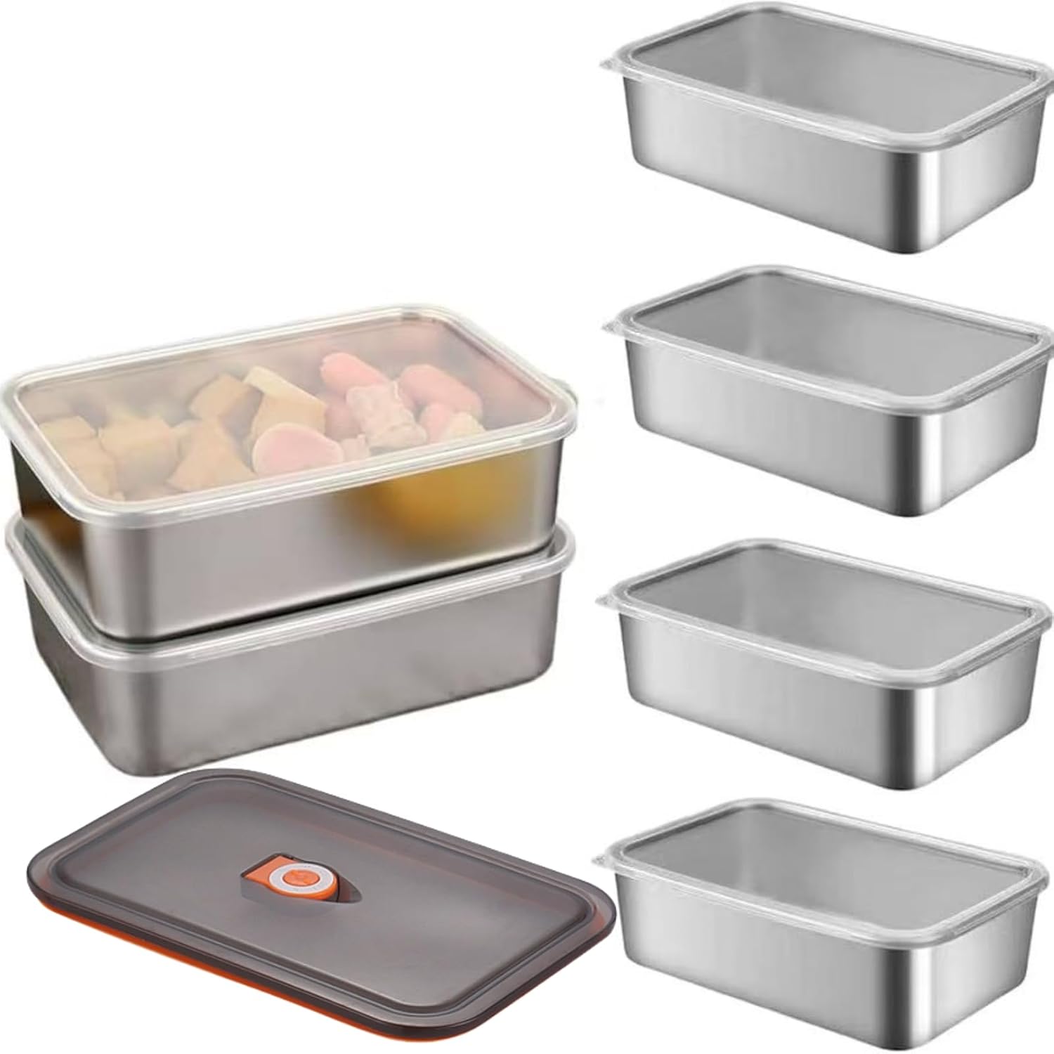 Ceiteo 6 recipientes de armazenamento de alimentos de aço inoxidável com tampas, lancheira ao ar livre, tigela de aço inoxidável com tampas herméticas para piquenique, viagem, reutilizável e 1 Ceiteo 6 recipientes de armazenamento de alimentos de aco