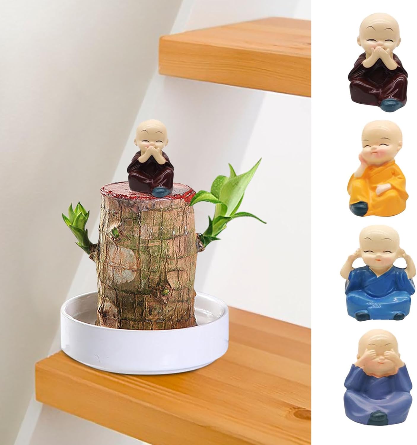 Estátuas de Buda Bebê de Madeira da Sorte Brasileira 4 Peças, Mini Estatueta de Monge de Bambu da Sorte para Mesa, Planta de Madeira Brasileira da Sorte, Decoração de Pequeno Buda para Interior 1 Estatuas de Buda Bebe de Madeira da Sorte Brasileira 4
