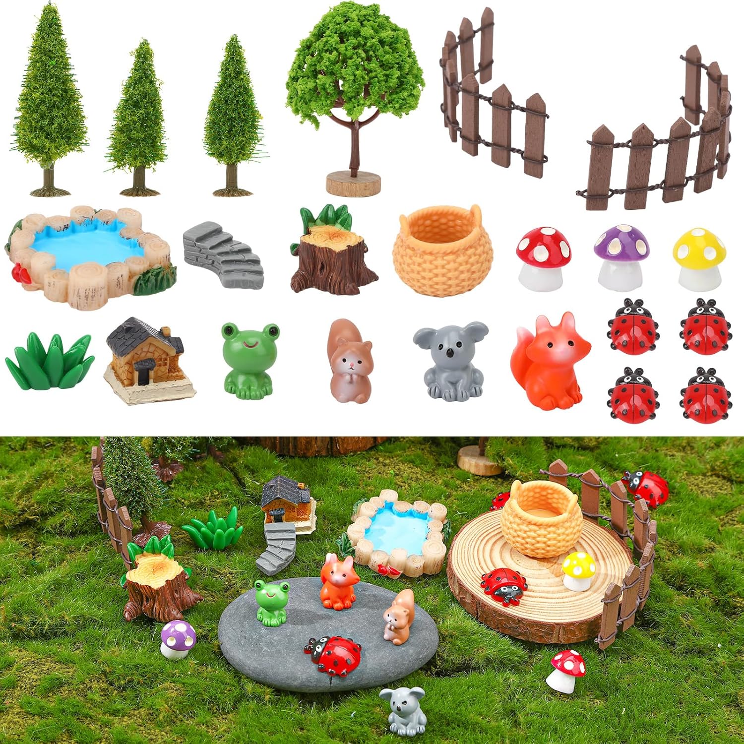 FEBSNOW Mini conjunto de acessórios de jardim de fadas 22 peças de resina animais micro ornamentos de paisagem para decoração de jardim DIY 1 FEBSNOW Mini conjunto de acessorios de jardim de fadas 22