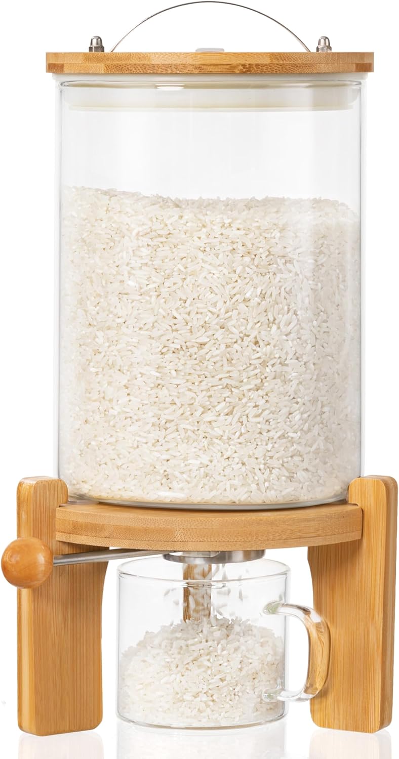 Famyards Distribuidor De Arroz De Vidro Com Suporte De Madeira