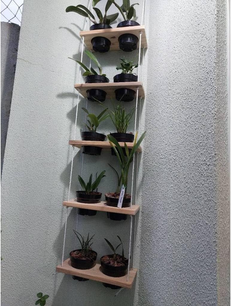 Floreira Vertical de Madeira Maciça com 5 Tábuas e 10 Vasos, para Parede, Jardim, Varanda 1 Floreira Vertical de Madeira Macica com 5 Tabuas e 10