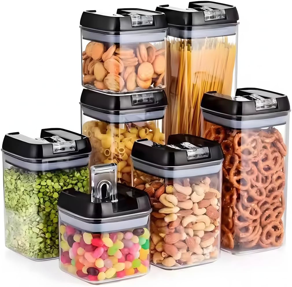 Genérico - Recipientes Herméticos para Alimentos, Conjunto de 7 Potes, Plástico Transparente, Empilháveis com Tampa de Trava para Vedação, Tamanhos Variados: 0,5L, 0,8L, 1,2L e 1,9L 1 Generico Recipientes Hermeticos para Alimentos Conjunto de 7 Potes