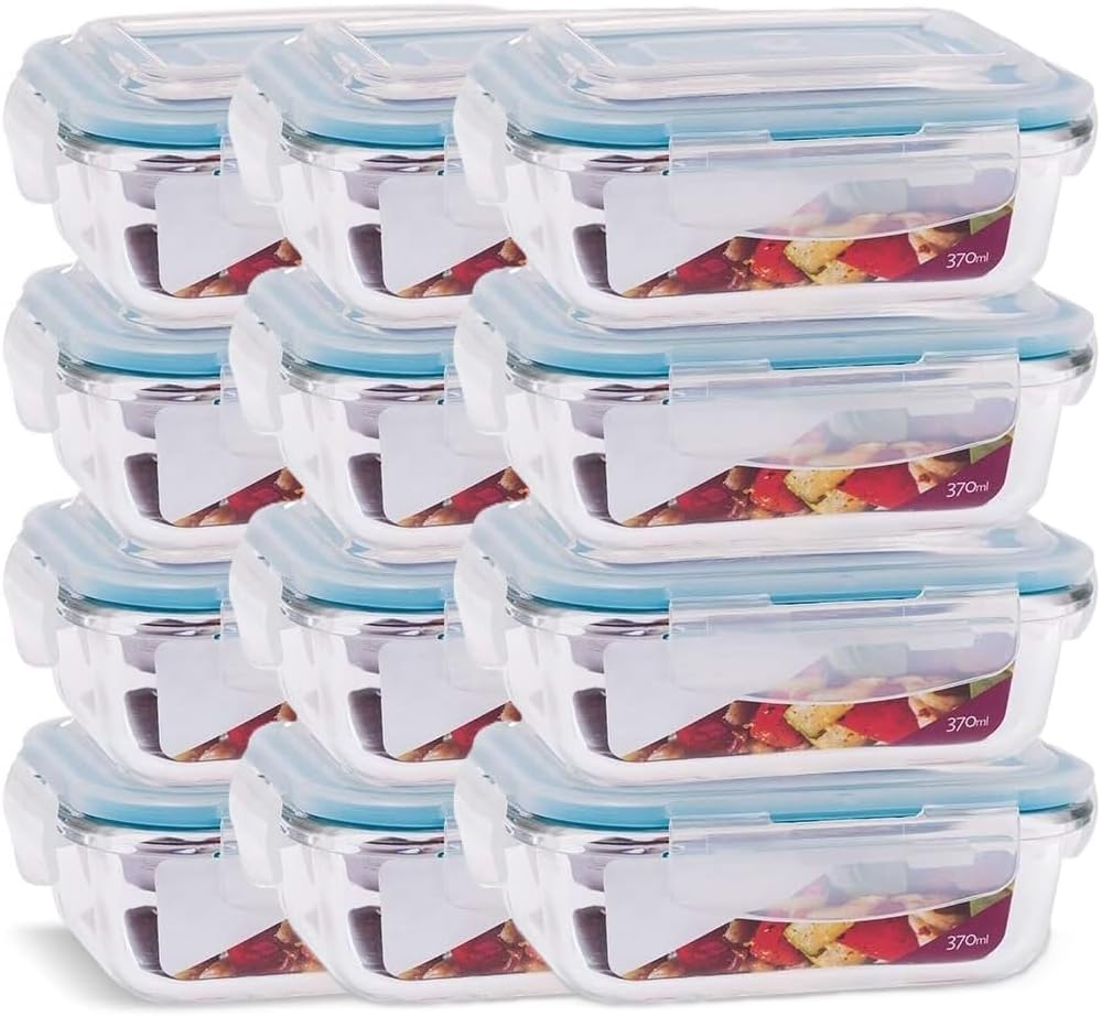 Kit com 12 Potes de Vidro Hermético Retangular 370ml para Alimentos com Tampa de Vedação Silicone Azul, Recipiente Organizador para Cozinha, Geladeira, Freezer e Microondas, 15x11x6cm 1 Kit com 12 Potes de Vidro Hermetico Retangular 370ml para