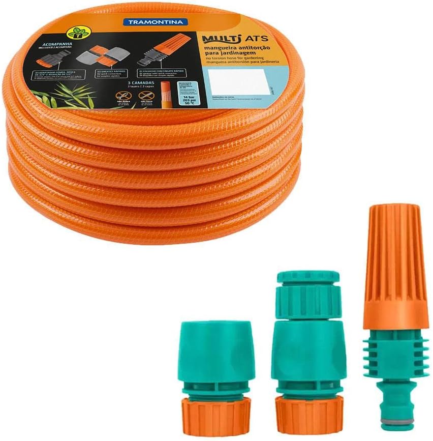 Mangueira Multi Tramontina Antitorção ATS em Pvc C/Engate e Esguicho 20m Laranja 1 Mangueira Multi Tramontina Antitorcao ATS em Pvc CEngate e Esguicho