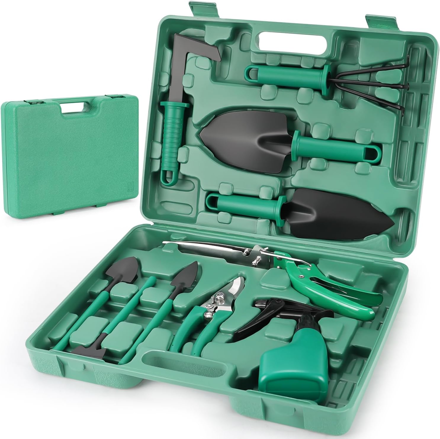 Meantem Kit de Ferramentas de Jardinagem 10 Peças, Kit Jardinagem com Maleta, Pás, Tesoura, Foice, Aço Inoxidável, Verde 1 Meantem Kit de Ferramentas de Jardinagem 10 Pecas Kit Jardinagem