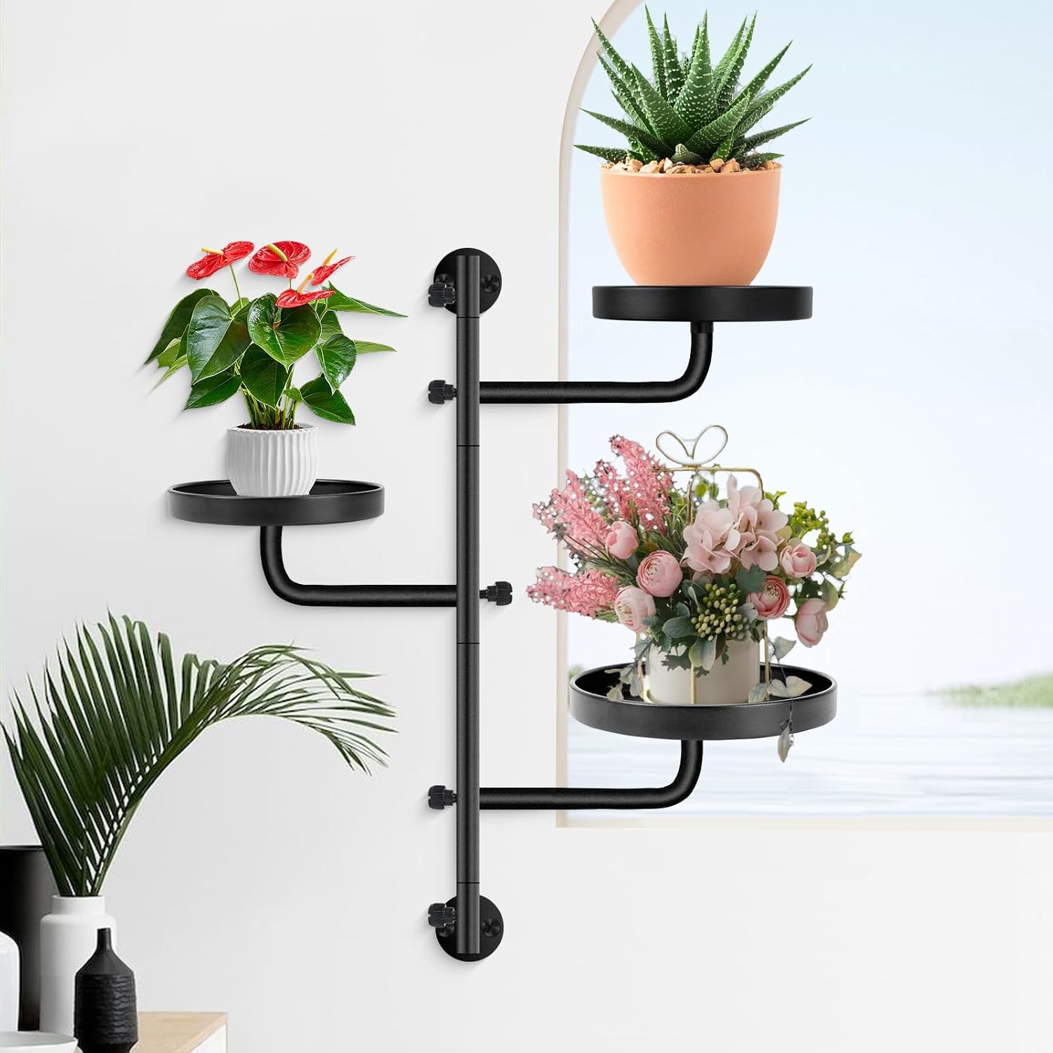 Neiteli Prateleira de plantas para janela, prateleiras de metal de 3 camadas, suporte de parede para plantas, preta 1 Neiteli Prateleira de plantas para janela prateleiras de metal de