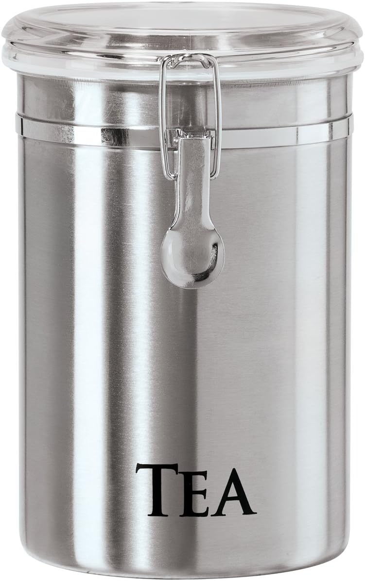 Oggi Recipiente de chá de aço inoxidável 1,8 l oz - Tampa hermética de grampo, parte superior transparente - ideal para armazenamento de saquinhos de chá, armazenamento de chá solto, armazenamento de 1 Oggi Recipiente de cha de aco inoxidavel 18 l oz