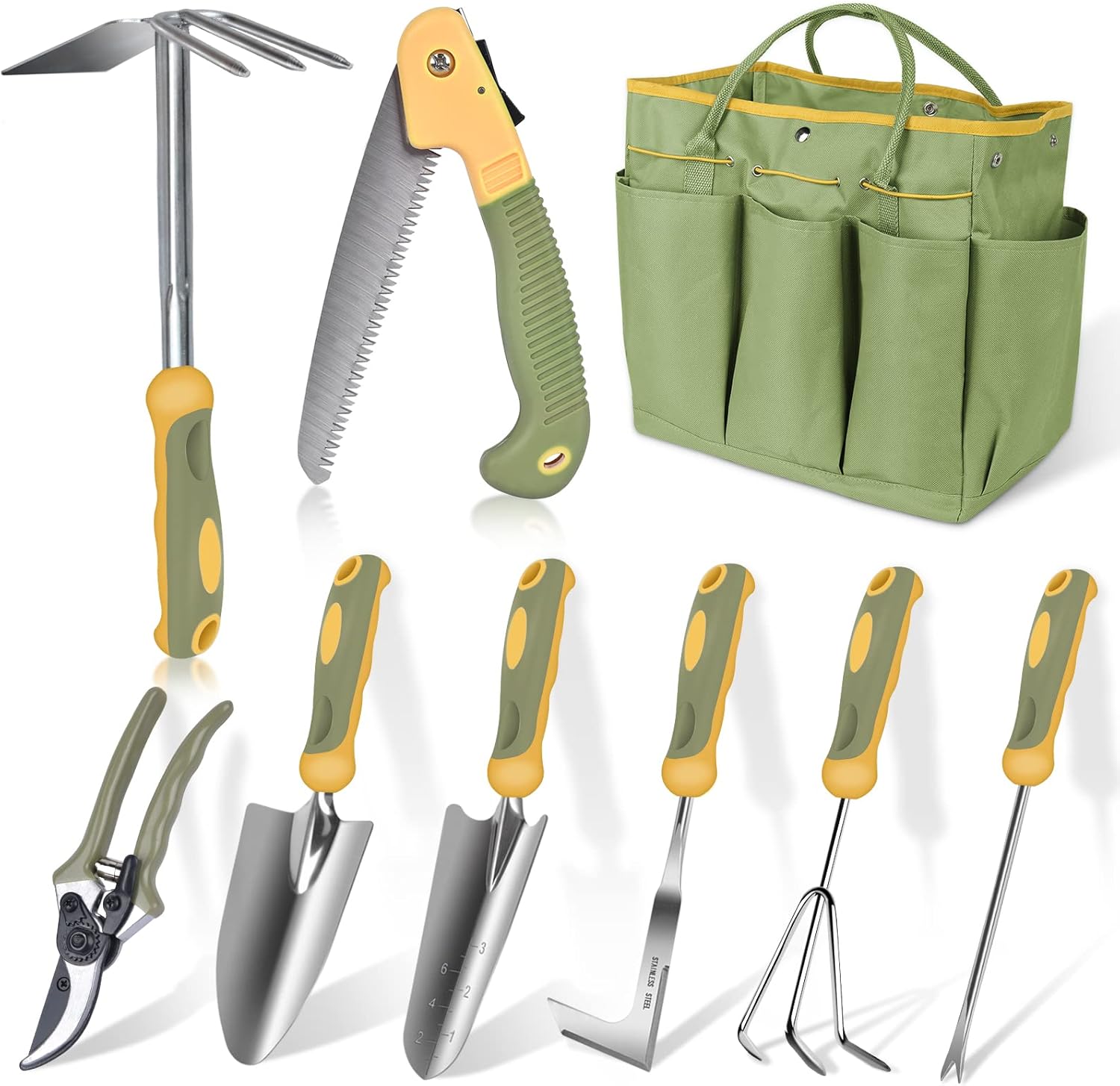 WisaKey Conjunto de Ferramentas de Jardim, Ferramentas de Jardinagem Verdes Resistentes de Aço Inoxidável de 9 Peças com Alça Ergonômica Antiderrapante, Bolsa de Ferramentas de Jardim Durável, Ferrame 1 WisaKey Conjunto de Ferramentas de Jardim Ferramentas de Jardinagem Verdes