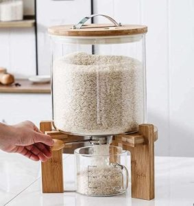 Dispensador De Arroz E Recipiente Para Cereais, Recipiente Para Farinha E Cereais Com Tampa Hermética E Suporte De Madeira, Recipiente De Vidro Para Armazenamento De Alimentos Para Organização Da