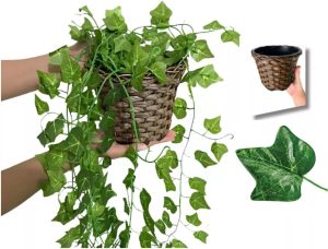 Arranjo C/ 3 Trepadeira + Vaso Trançado Marrom | Arranjo Trepadeira Artificial para Decorações | Plantas para Decoração de Casa, Sala De Estar, Casamento & Escritorio (Folhas de Hera)