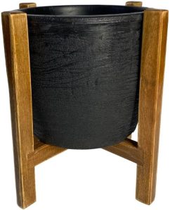 Conjunto de Vaso de Planta com Suporte de Madeira Decorativo (Pequeno (20x23), Preto)