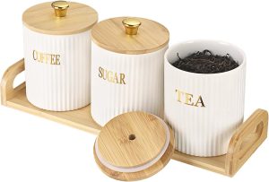 OGANAZI Conjunto de 3 recipientes de cerâmica com tampas de bambu e bandeja de cabo, conjunto de recipientes de café e chá, açúcar, pote de armazenamento de cerâmica branca, recipiente de cozinha para