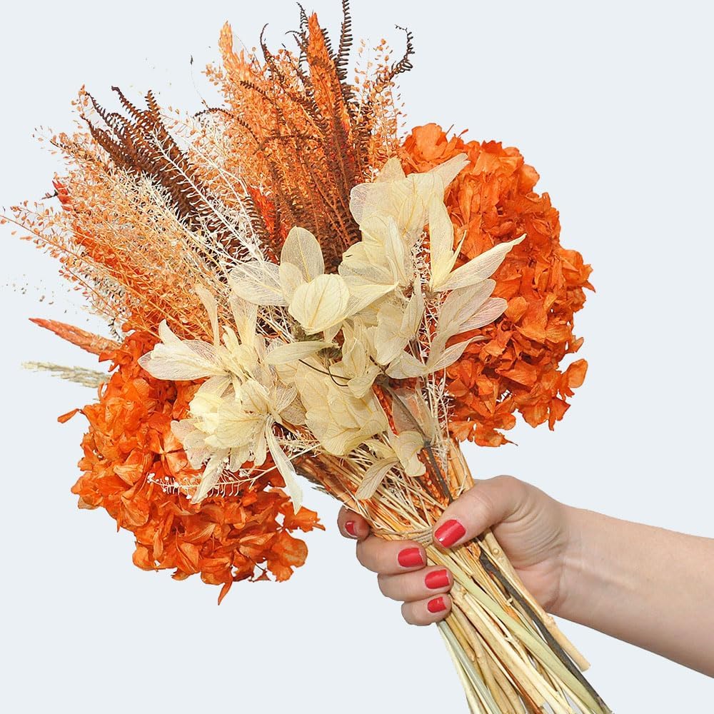 Buque de Flores Desidratadas Hortensia Laranja Arranjo Mesa