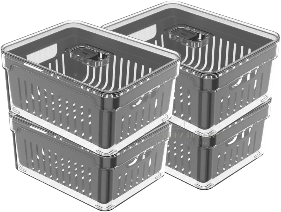 Conjunto de organizadores de geladeira empilháveis com 4 peças - recipientes transparentes com tampa e cesto, perfeitos para organizar vegetais, frutas, alimentos | Recipiente de 2,2L | PRETO 1 Conjunto de organizadores de geladeira empilhaveis com 4 pecas