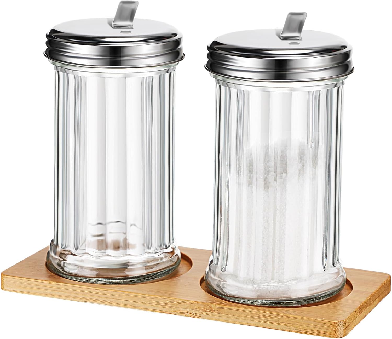 FoldTier Dispensador de açúcar de vidro com bandeja recipientes de açúcar estilo retrô de 355 ml com tampa de aço inoxidável para cafeteria, pote de vidro vintage para especiarias de açúcar e canela 1 FoldTier Dispensador de acucar de vidro com bandeja recipientes de