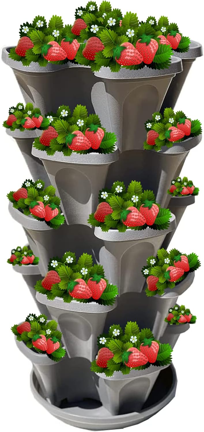 Jardim de morango empilhável de 5 níveis – Plantador empilhável de 24 litros para ambientes internos/externos com pires de gotejamento – Cultive ervas, morangos e flores da cozinha ou quintal – plante e empilhe! Jardinagem fácil 1 Jardim de morango empilhavel de 5 niveis – Plantador empilhavel