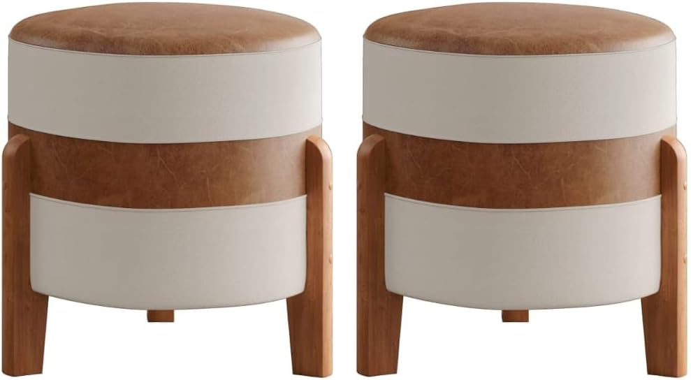 KIT 2 Puff Orion em Couro caramelo e Linho Premium Bege