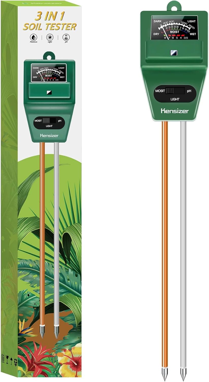 Kensizer Testador de solo, medidor de umidade do solo/luz/pH 3 em 1, kit de ferramentas de jardinagem para cuidados com plantas, termômetro digital de plantas, medidor de água para ambientes internos 1 Kensizer Testador de solo medidor de umidade do sololuzpH 3