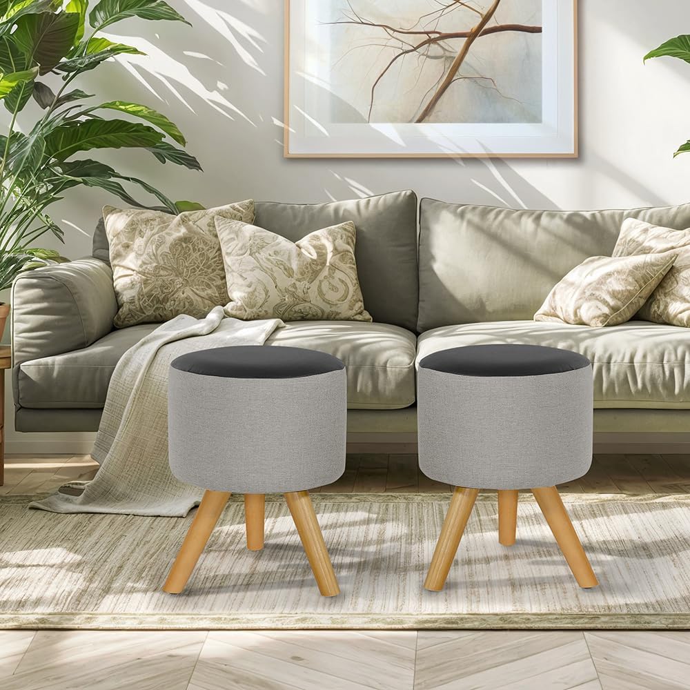 Kit 02 Puff Duna Redondo Pé Palito (Cinza Claro/Preto Corino) - PC MÓVEIS 1 Kit 02 Puff Duna Redondo Pe Palito Cinza ClaroPreto Corino