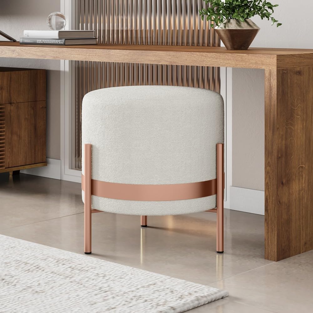 Puff steel Tecido Boucle Cor Bege Base Metal Rose Gold