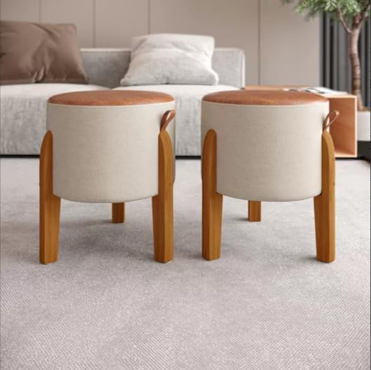kit 2 PuffPuf Banqueta sala redondo pes em madeira Luna BegeCaramelo