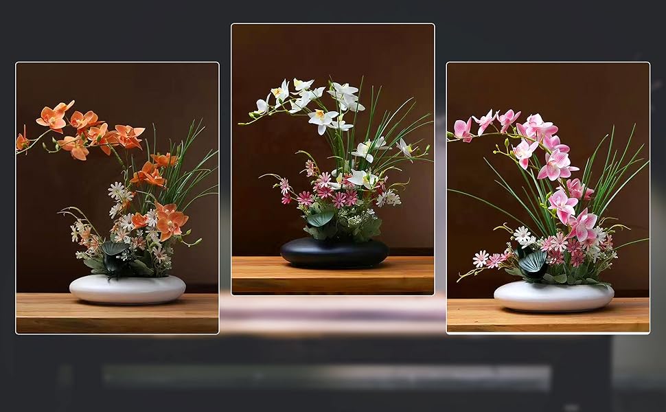 Kit Ikebana de vaso de cerâmica inspirado no Japão, tigela de arranjo de flores em forma de seixo com suporte de hastes de flor de sapo de 5 cm (preto) 8 ls5