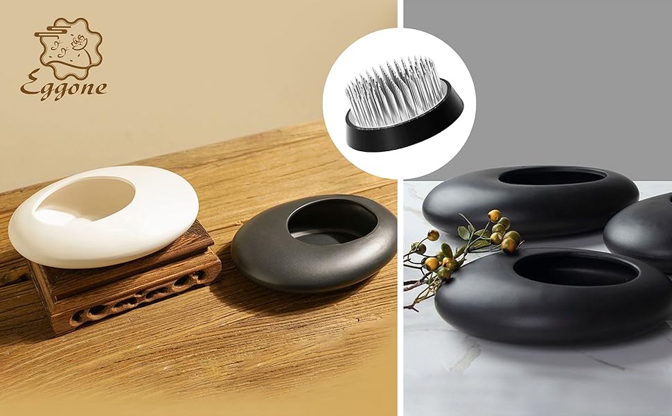 Kit Ikebana de vaso de cerâmica inspirado no Japão, tigela de arranjo de flores em forma de seixo com suporte de hastes de flor de sapo de 5 cm (preto) 10 ls3