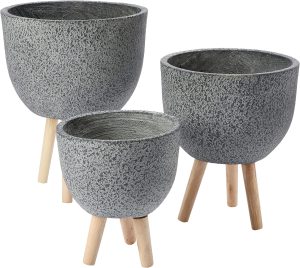 Jogo 3 Vasos De Cimento Pintura Pedra Cinza Com Tripé De Madeira Pracaza Cinza