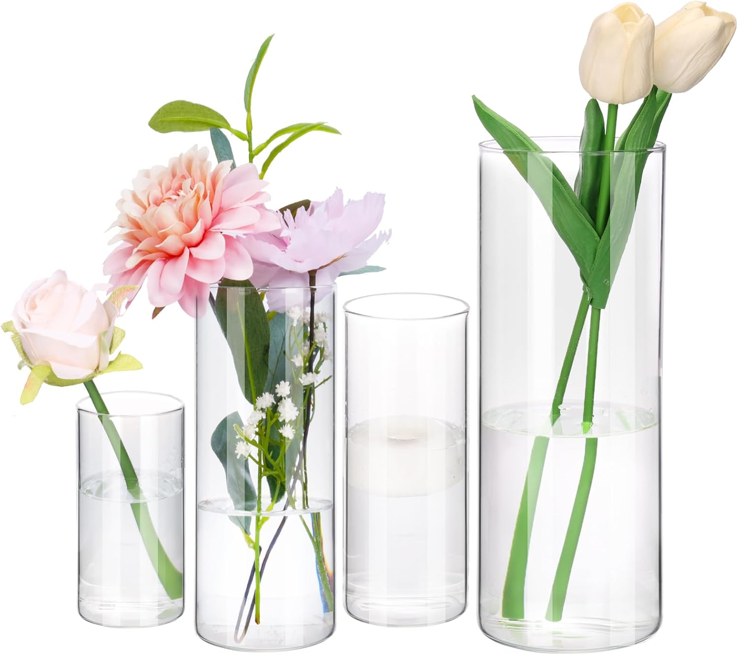 Fixwal 4 vasos cilíndricos de vidro transparente, 10, 10, 20 cm de altura, vasos cilíndricos para centros de mesa, vaso de flor de vidro, suporte de vela flutuante para prateleira de mesa, festa, 1 Fixwal 4 vasos cilindricos de vidro transparente 10 10 20