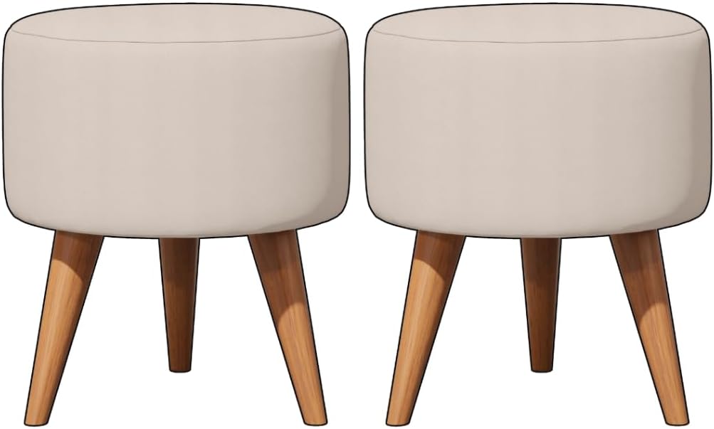 Kit 2 Puff Banqueta Redondo Linho Sala Quarto Pes Madeira