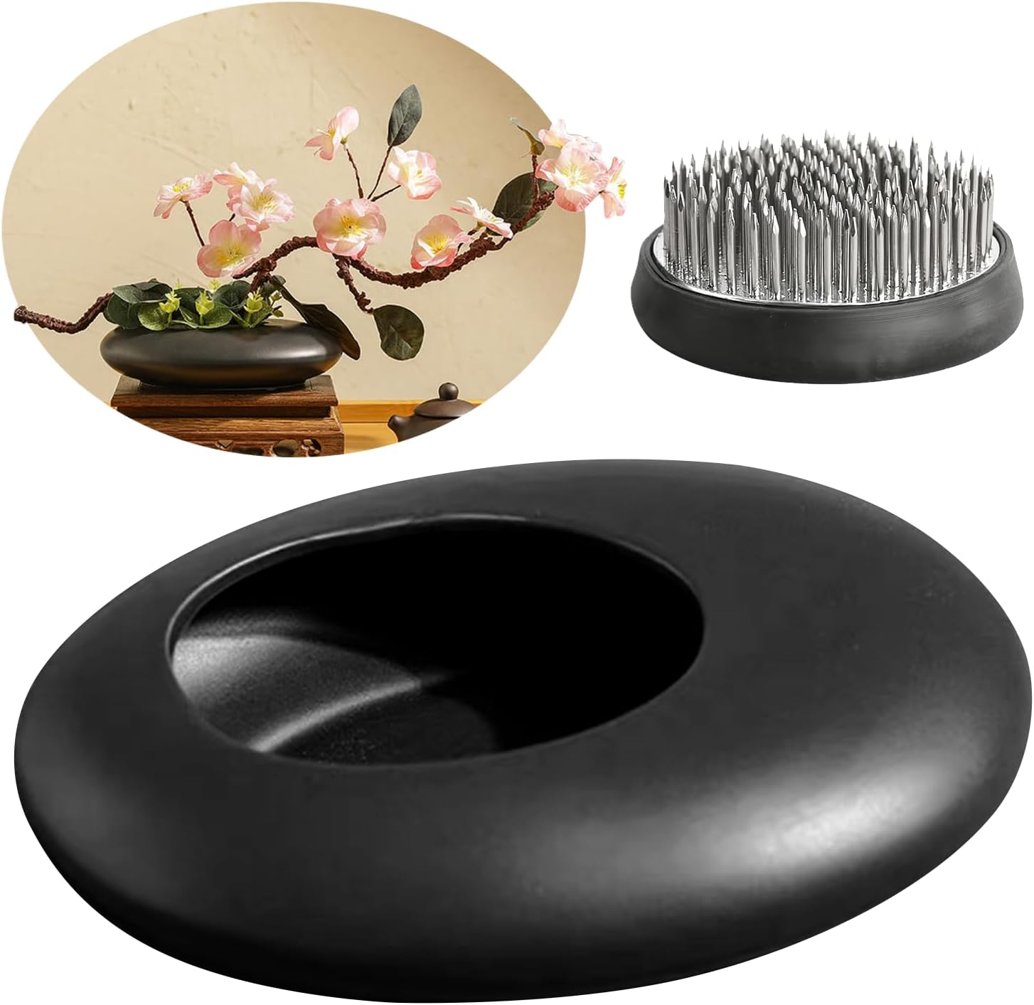 Kit Ikebana de vaso de cerâmica inspirado no Japão, tigela de arranjo de flores em forma de seixo com suporte de hastes de flor de sapo de 5 cm (preto) 1 Kit Ikebana de vaso de ceramica inspirado no Japao tigela