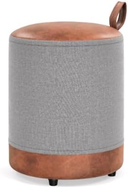 Puff Linho Cinza com Courino Redondo Suporta 120KG 01