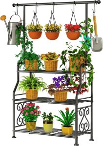 GIOTORENT Suporte de plantas interno, prateleira de metal resistente de 3 camadas para pátio e interior, planta alta comporta mais de 14 plantas com 5 ganchos, suporte de plantas à prova de ferrugem