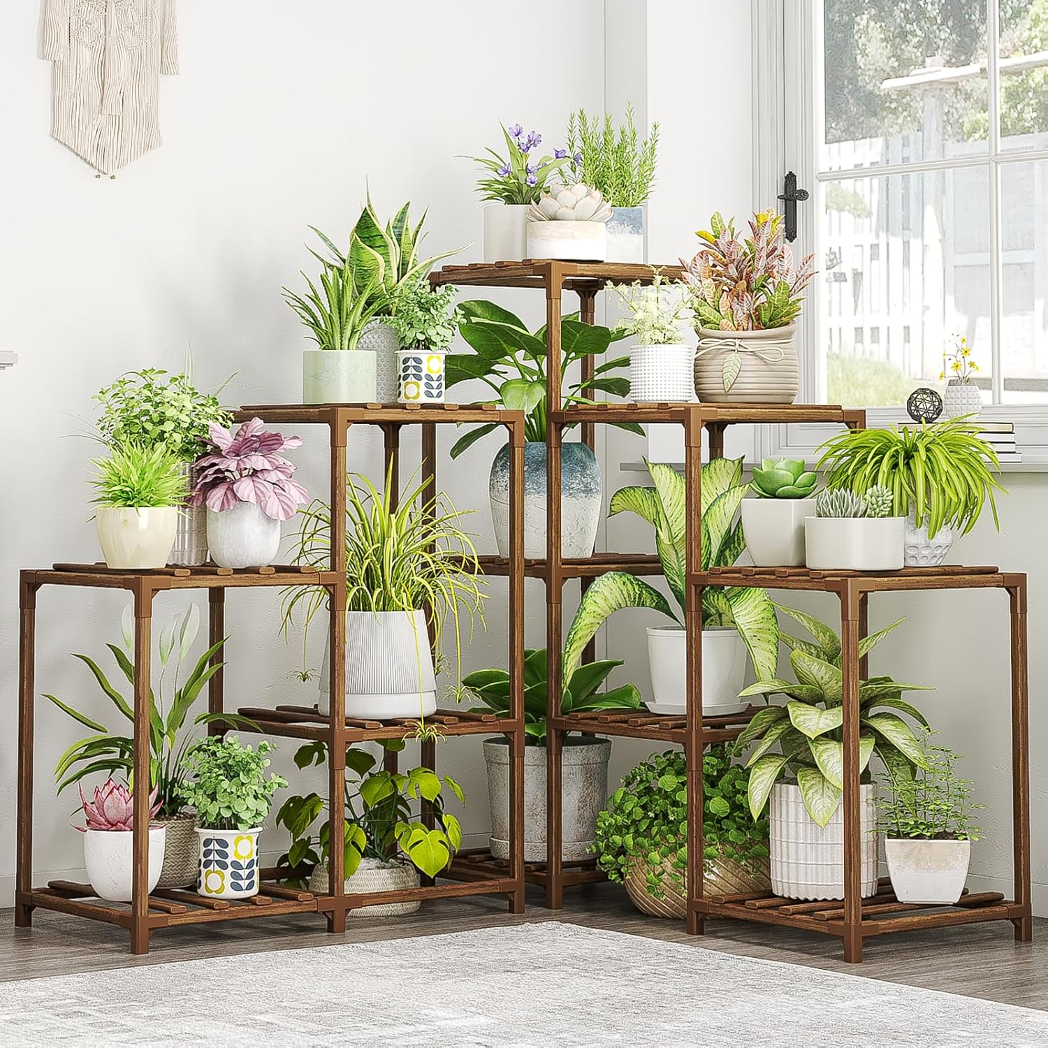 Bamworld Suporte para plantas para ambientes internos e externos com 5 níveis, 13 prateleiras de flores em vaso, suportes de madeira para plantas de jardim, suporte de plantas para sala de estar, varanda e gramado 1 Bamworld Suporte para plantas para ambientes internos e externos com