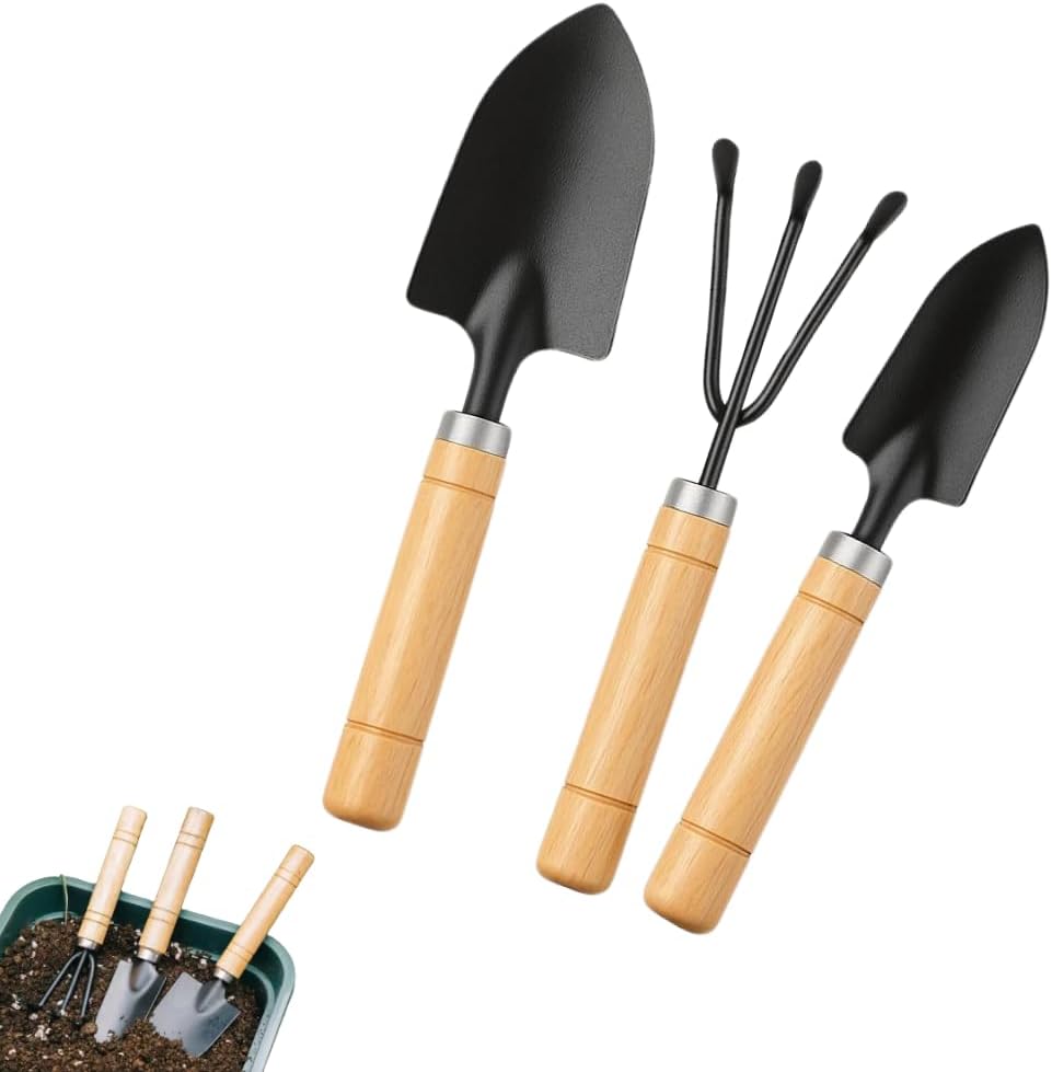 Combo Para Jardinagem 3 Pecas Metalico Com Cabo De Madeira