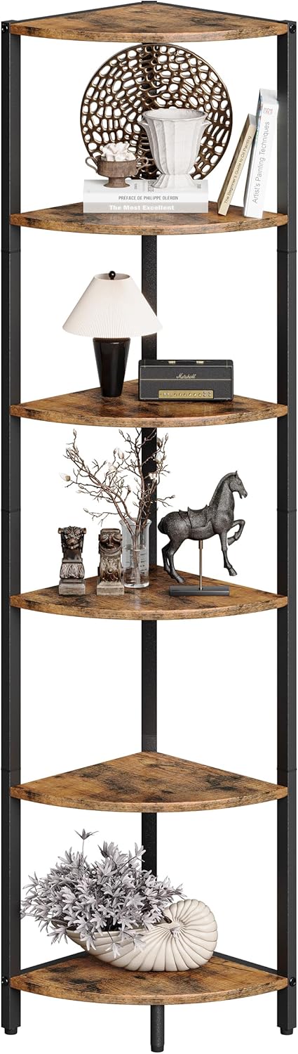 IRCPEN Prateleira de canto vertical de 6 camadas, prateleira de armazenamento de canto de escada de 179 cm de altura com pés ajustáveis, prateleira de exibição rústica multiuso, suporte de plantas 1 IRCPEN Prateleira de canto vertical de 6 camadas prateleira de