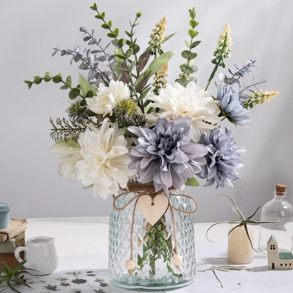 JARELING Flores de seda em vaso, flores artificiais com vaso arranjo de flores falsas dália falsa para decoração de mesa centro de mesa (Dália) 1 JARELING Flores de seda em vaso flores artificiais com vaso