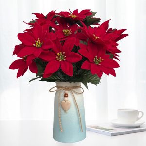 Arranjo de flores de Natal de poinsétia artificial em vaso azul, decoração de férias elegante para casa, escritório e festas, centro de mesa festivo com flores vermelhas e charme rústico
