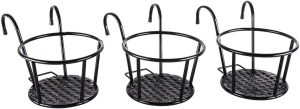 Porta-vaso de flores para pendurar arte de metal/ferro – Ótimo para pátios, varandas, varandas, varandas, cercas, brancas, pretas, 3 Pack Black