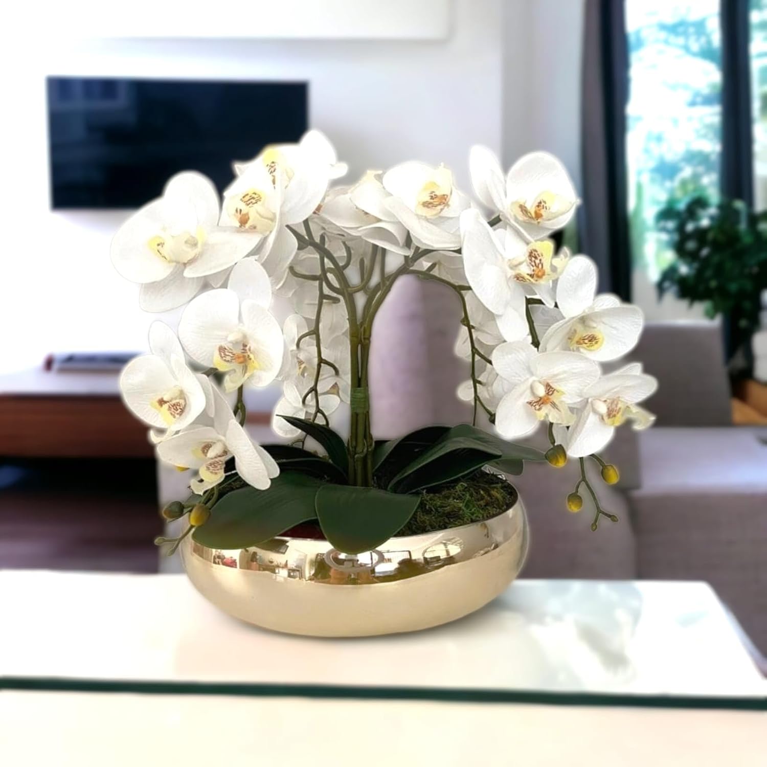 Arranjo Artificial de Orquídeas Azuis com Vaso Espelhado, Centro de Mesa Decorativo, 4 Hastes (vaso dourado/flor branca) 1 Arranjo Artificial de Orquideas Azuis com Vaso Espelhado Centro de