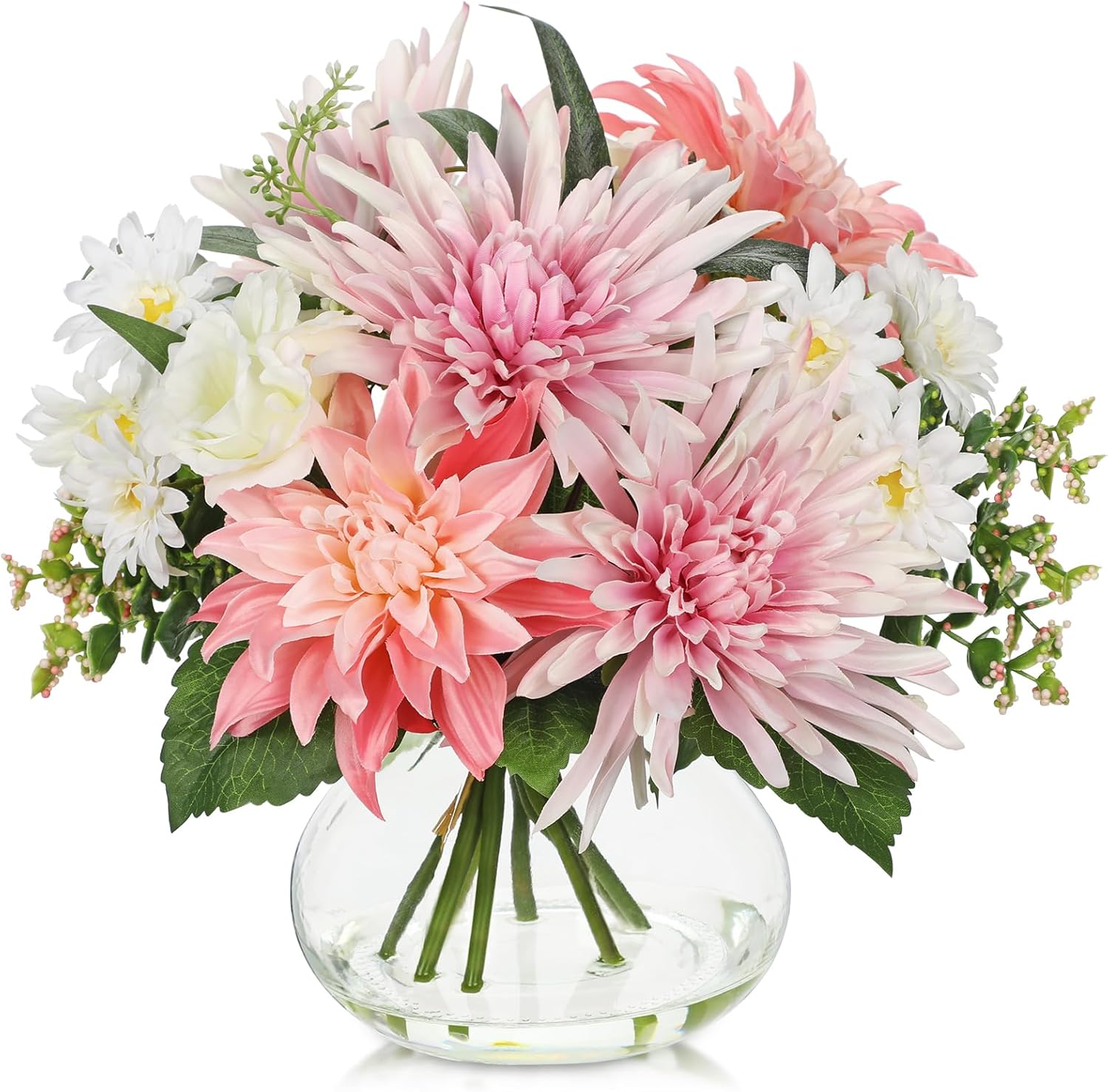 Briful Arranjo de flores falsas em vaso de vidro, 28 cm flores de seda falsa dália decoração de mesa rosa buquê floral misto para casa, escritório, sala de jantar, mesa de café, decoração de casamento 1 Briful Arranjo de flores falsas em vaso de vidro 28