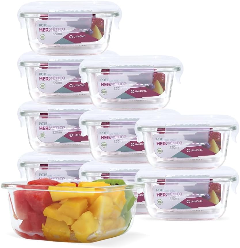 Conjunto 10 Potes Vidro Hermetica Marmita Quadrado 320ml Marmita